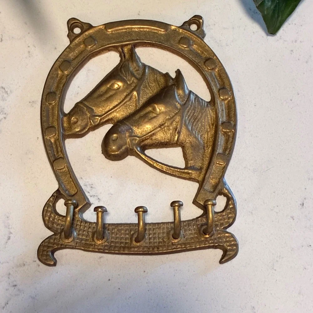 Key Rack Brass Horse Head Horseshoe 5 Hook Wall Mount Decor Equestrian Western